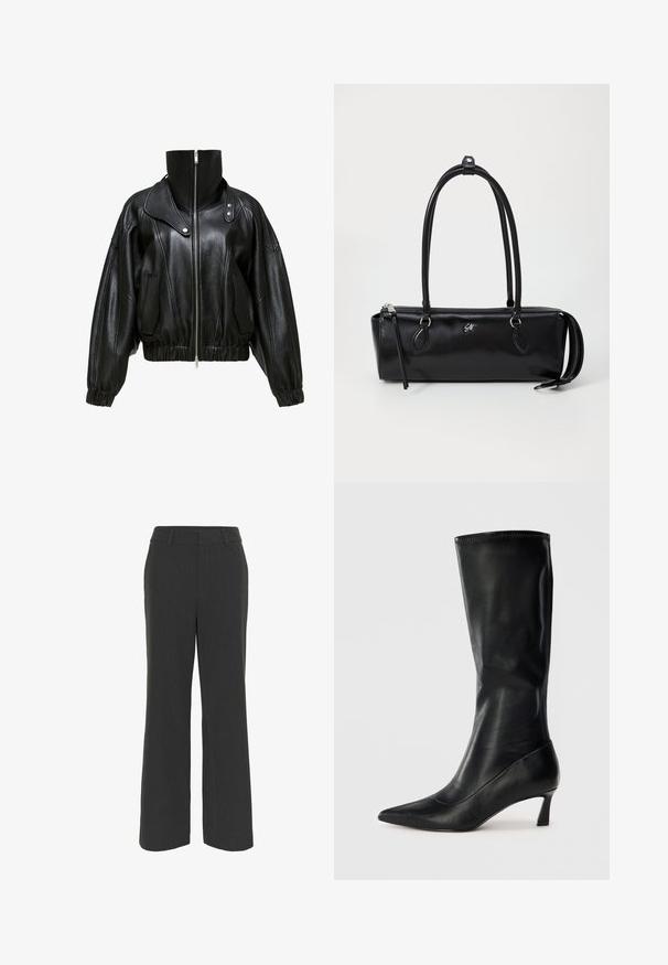 Zwarte leren jas met hoge kraag, ritssluiting en cropped ontwerp. Voorzien van zijzakken en elastische manchetten en zoom.; Witte lange mouwen overhemd met een brede boord, met een gladde textuur en een knoopsluiting aan de voorkant.; Donkergrijze wijde broek gemaakt van een gestructureerde stof, met een platte voorkant, riemlussen en een schone zoom, geschikt voor formele of casual kleding.; Zwarte leren kniehoge laarzen met een puntige neus en een bescheiden hak. Gladde textuur en slank ontwerp met subtiele stikseldetails.; Zwarte leren handtas met een rechthoekige vorm, gladde textuur, twee handgrepen, ritssluiting en een klein logo aan de voorkant.