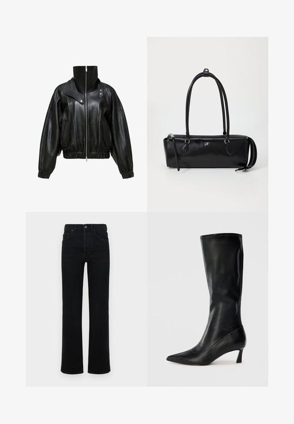 Svart läderjacka med hög krage, dragkedjestängning och kort design. Har sidofickor och elastiska mudd- och fållkanter.; Vit långärmad skjorta med knäppning framtill och bred krage, med en slät yta.; Svarta denimjeans med hög midja, rak benklippning, fem fickor och knappstängning fram. Slät textur, minimal detaljering.; Svart läderknästövel med spetsig tå och en måttlig häl. Mjuk textur och stilren design med diskreta sömdetaljer.; Svart läderhandväska med rektangulär form, slät yta, två handtag, blixtlås och en liten logotyp framtill.
