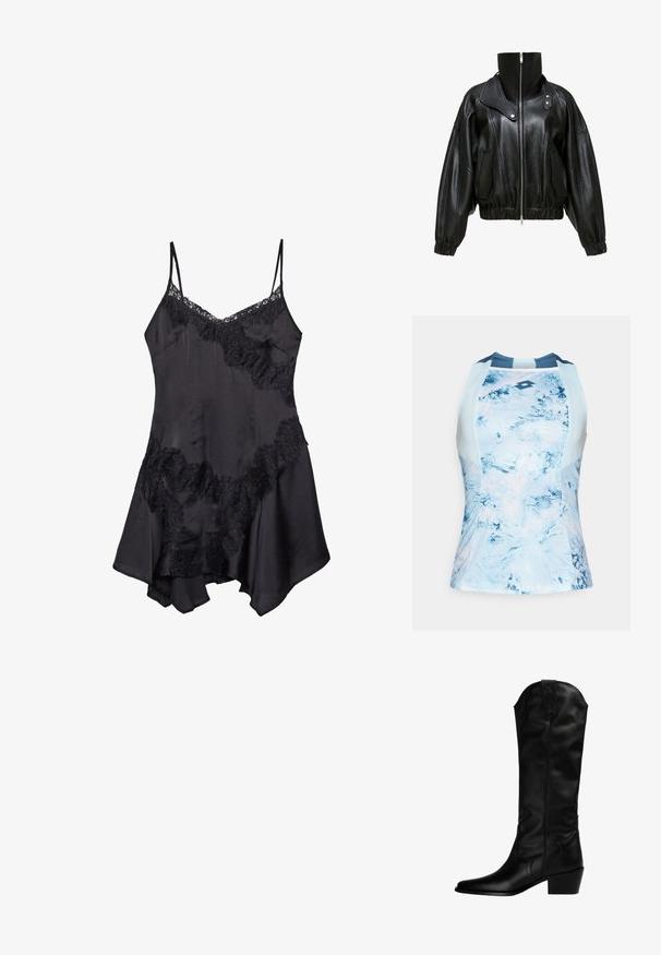 Giubbotto in pelle nera con colletto alto, chiusura con zip e design corto. Presenta tasche laterali e polsi e fondo elasticizzati.; Top atletico senza maniche di colore azzurro chiaro con un motivo astratto e strutturato. Presenta un colletto a giro e un logo al centro.; Abito slip in satin nero con bordo in pizzo, dotato di spalline regolabili e orlo svasato, texture morbida e dettagli decorativi a ruches.; Stivali da cowboy in pelle nera con punta affusolata, tacco medio e cuciture decorative sulla canna. Texture liscia e design elegante.; La borsa a tracolla dorata presenta un tessuto testurizzato con borchie metalliche rotonde, una placca con logo triangolare e una tracolla a catena con occhielli metallici rotondi.