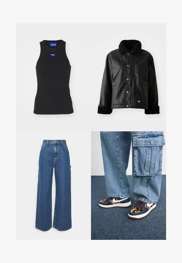 Jaqueta de couro preta com um colarinho de pele de carneiro, fecho de botão de pressão, bolsos laterais e punhos texturizados suaves. Apresenta um patch com o logótipo da marca.; Camisola de alças preta canelada feita de algodão. Apresenta um decote redondo e um logo azul na parte do peito. A parte inferior tem um corte reto.; Calças de ganga azuis de perna larga com cintura alta, costuras em contraste e bolsos laterais, apresentando um design clássico de cinco bolsos e bainhas desfiadas.; Sapatilhas azul-marinho com detalhes em padrão de leopardo, swoosh branco da Nike, atacadores castanhos e sola intermédia branca. Combinadas com calças cargo de denim claro.