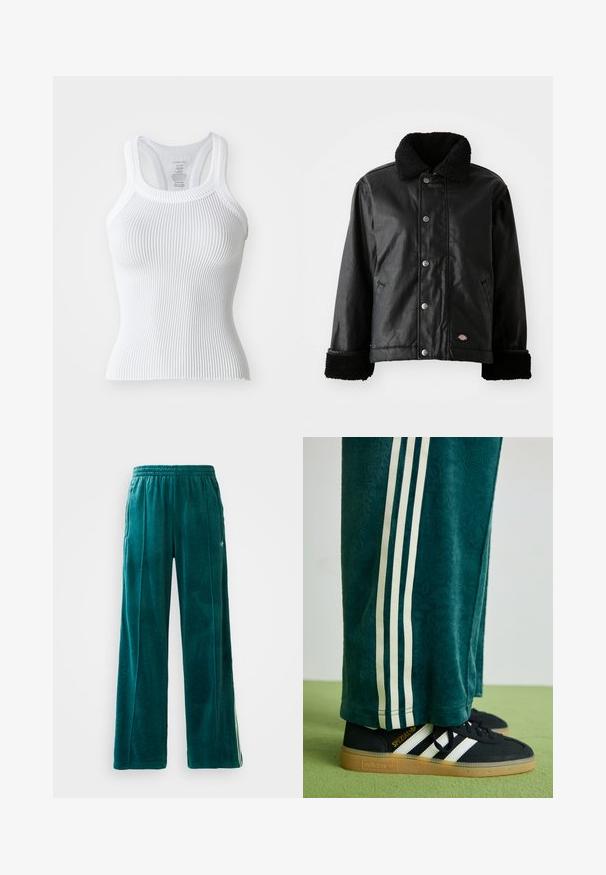 Μαύρο δερμάτινο μπουφάν με επένδυση από γούνα, κλείσιμο με κουμπιά, πλαϊνές τσέπες και σατινέ μανίκια. Περιέχει ταυτότητα λογότυπου της μάρκας.; Λευκή ριγέ αμάνικη μπλούζα με εφαρμοστή σχεδίαση, ράντσες racerback και υφή υφάσματος. Στρογγυλή λαιμόκοψη και τελείωμα με ελαφριά δρασκελίτσα.; Τεάλ βελουτέ φόρμες με χαλαρή εφαρμογή, ελαστική μέση, πλαϊνές τσέπες και διακριτό μοτίβο υφής. Διαθέτουν αντίθετες ρίγες κατά μήκος των πλαισίων.; Πράσινο παντελόνι με υφή και λευκές ρίγες πλαγίως, συνδυασμένο με μαύρα αθλητικά παπούτσια Adidas που διαθέτουν τρεις λευκές ρίγες και καουτσούκ σόλα.