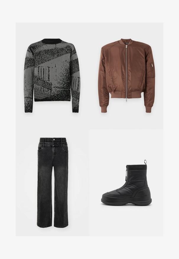 Rjava bombnik jakna iz gladkega materiala, z zadrgo spredaj, rebrastimi manšetami, stranskima žepoma in dodatnim žepom z zadrgo na roki.; Črna in siva pletena jopica z grafičnim vzorcem vertikalnih črt in pik, dolgi rokavi ter okroglim izrezom.; Široke črne jeans hlače z zbledelim zaključkom, z gumbom za zapiranje, petimi žepi in kontrastnim šivanjem ob straneh.; Črne vodoodporne snežne škornje s gladkim sintetičnim zgornjim delom, zadrgo, podloženim ovratnikom in teksturiranim gumijastim podplatom. Okrašeni z blagovno znamko "MOON BOOT".