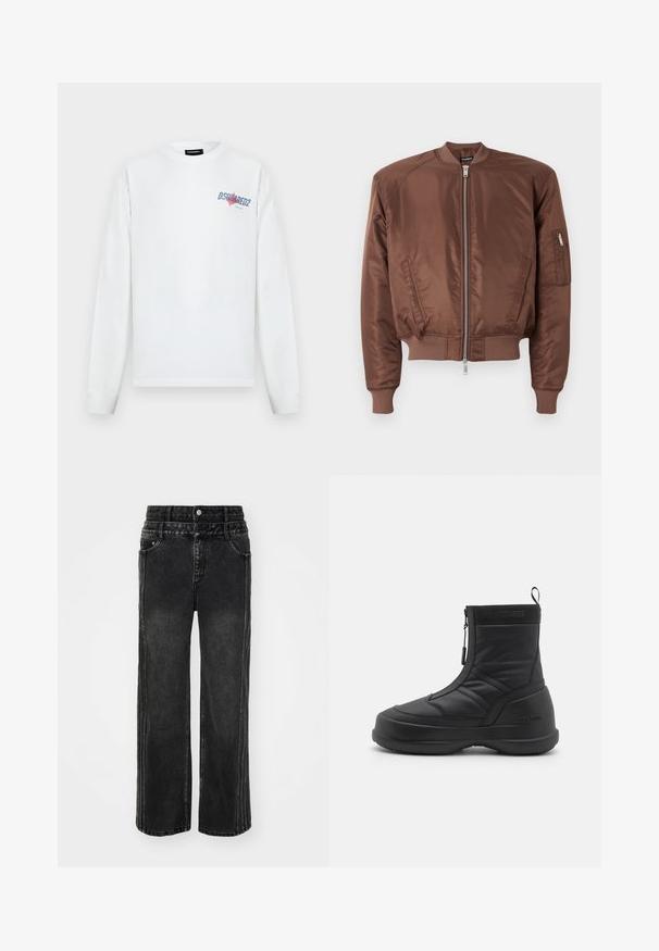 Casaco bomber castanho feito de tecido suave, com fecho de correr frontal, punhos canelados, bolsos laterais e um bolso adicional com fecho de correr na manga.; Camisa branca de manga comprida com logótipo DSQUARED2 azul e vermelho no peito esquerdo, gola redonda e punhos canelados.; Jeans de ganga pretos de perna larga com um acabamento desbotado, apresentando um fecho de botão, cinco bolsos e costura em contraste ao longo dos lados.; Bota de neve impermeável preta com um upper sintético liso, fecho com zíper, colarinho acolchoado e sola de borracha texturizada. Acentuada com a marca "MOON BOOT".
