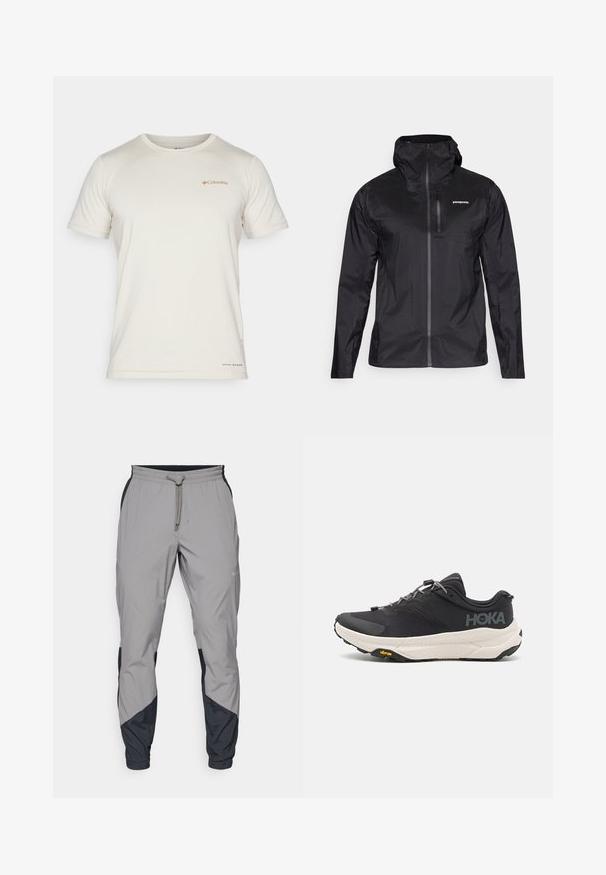 Svart, lett regnjakke med tettsittende hette, helfrontal glidelås og en liten brystlomme. Glatt tekstur og minimal merking.; Columbia KWICK HIKE™ BACK GRAPHIC SS TEE - T-skjorte til trening - grey; Lettvektige, grå treningsbukser med svarte detaljer. Elastisk midjebånd, snøring, tapered benedesign og sidelommer.; Svart treningssko med teksturert overdel, grå detaljer, reflekterende elementer og en tykk hvit såle med Vibram-merke.