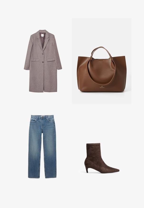 Brązowy i beżowy płaszcz w kratę z wyciętym kołnierzem, dwoma przednimi kieszeniami i dwoma guzikami, z gładką podszewką.; Granatowy sweter dzianinowy z haftowanym wzorem misia teddy w swetrze z flagą, niebieskie dżinsy i brązowe buty. Czerwony logo na dolnym brzegu.; Jasnoniebieskie dżinsy z prostym krojem, pięcioma kieszeniami i miedzianymi detalami. Materiał ma delikatne przetarcia i gładką fakturę.; Brązowy zamszowy botek sięgający kostki, z ozdobnym noskiem i smukłym obcasem. Posiada gładką teksturę oraz wysoki krój cholewki.; Brązowa skórzana torebka z gładką teksturą, dużymi okrągłymi uchwytami, charakteryzująca się minimalistycznym wzornictwem i wytłoczonym logo u podstawy.