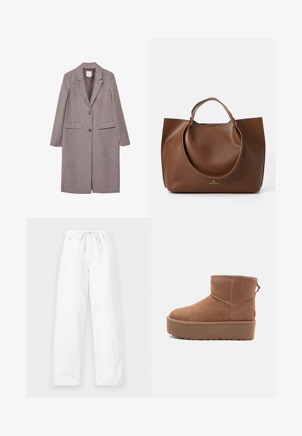 Ruskea ja beige ruudullinen takki, jossa on viistot kaulukset, kaksi etutaskua ja kaksi nappia, sekä sileä vuori.; Lämmin meripihkanvärinen neulepaita, jossa on brodeerattu nallekarhudesign lippupaidassa, yhdessä farkkujen ja ruskeiden kenkien kanssa. Punainen logo helman kohdalla.; Valkoiset, leveälahkeiset farkut, joissa on naru vyö, kaksi etutaskua, sileä pinta ja siisti muotoilu.; Tan suede nilonini kidogo chukua na sahani ya jukwaa, mguu wenye umbo la duara, na mapambo ya kushona; inajumuisha kipande cha kubana nyuma kwa kuvaa kwa urahisi.; Ruskea nahkainen kassi, jossa on sileä pinta, suuret pyöreät kahvat, yksinkertainen muotoilu ja logo painettuna pohjaan.