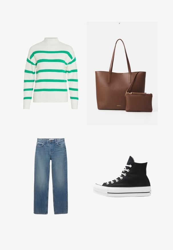 Brązowy i beżowy płaszcz w kratę z wyciętym kołnierzem, dwoma przednimi kieszeniami i dwoma guzikami, z gładką podszewką.; VILA - Sweter; Jasnoniebieskie dżinsy z prostym krojem, pięcioma kieszeniami i miedzianymi detalami. Materiał ma delikatne przetarcia i gładką fakturę.; Czarny wysokopodbiciowy sneaker z płótna, z białymi oczkami, sznurówkami i gumową podeszwą. Posiada teksturowany czubek oraz czarno-białe paski.; Brązowa torba tote z syntetycznej skóry, z dwiema długimi rączkami i dopasowaną małą saszetką. Powierzchnia ma teksturowany wzór i złote akcenty.