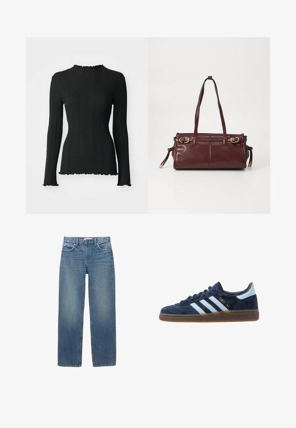 Cappotto a quadri marrone e beige con colletto a revers, due tasche frontali e due bottoni, dotato di una fodera interna liscia.; Top lungo a maniche nere a coste con colletto alto e orli ondulati, caratterizzato da un design aderente che mette in risalto il materiale testurizzato.; Jeans in denim azzurro chiaro con taglio dritto, cinque tasche e accessori in tonalità rame. Il tessuto presenta una leggera scoloritura e una texture liscia.; Sneaker Adidas in suede blu navy con strisce azzurre, suola in gomma, linguetta sul tallone azzurra e logo dorato "Spezial" sul lato.; Borsa a tracolla in pelle bordeaux con due manici, hardware dorato e chiusura con zip. Presenta una texture liscia e dettagli di cucitura sottili.