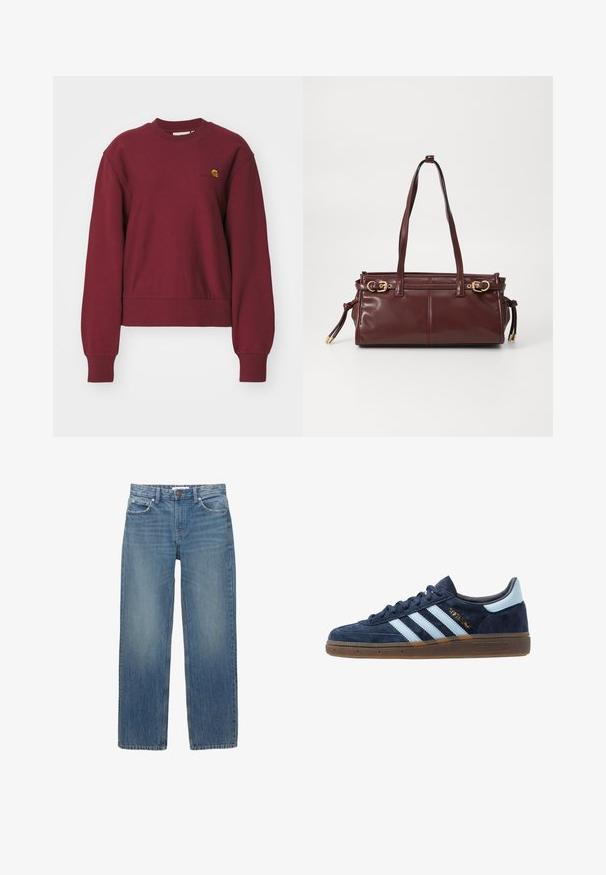 Ruskea ja beige ruudullinen takki, jossa on viistot kaulukset, kaksi etutaskua ja kaksi nappia, sekä sileä vuori.; Carhartt WIP AMERICAN SCRIPT - Collegepaita - malbec; Vaaleansiniset farkut suoran leikkauksen, viiden taskun ja kuparinväristen yksityiskohtien kanssa. Kankaassa on hieman haalistumista ja sileä pinta.; Adidaksen tummansininen mokkanahkakengät vaaleansinisin raidoitta, kumipohja, vaaleansininen kantatuki ja kultainen "Spezial" -merkintä sivussa.; Burgundin värinen nahkalaukku, jossa on kaksi olkahihnaa, kultasävyiset koristeet ja vetoketjusuljenta. Ominaisuuksiin kuuluu sileä pinta ja huomaamaton tikkaus.