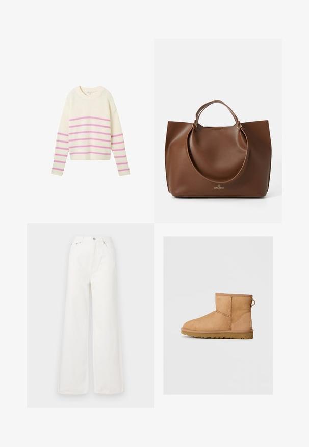 Cappotto a quadri marrone e beige con colletto a revers, due tasche frontali e due bottoni, dotato di una fodera interna liscia.; TOM TAILOR DENIM GESTREIFTER - Maglione - placed pink white stripe; Jeans bianchi a vita alta e gamba larga realizzati in denim. Presentano tasche anteriori, chiusura con bottone e dettagli con orlo sfrangiato.; Stivali ankle in suede color tan con punta tonda, dettagli cuciti, linguetta sul retro e suola in gomma texture. Progettati per comfort e calore.; Borsa a spalla in pelle marrone con una texture liscia, grandi manici circolari, caratterizzata da un design minimalista e logo impresso nella parte inferiore.