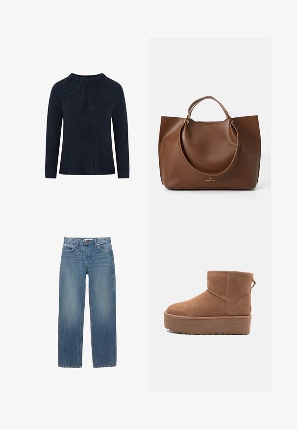 Brauner und beige karierter Mantel mit Reverskragen, zwei vorderen Taschen und zwei Knöpfen, ausgestattet mit einem glatten Innenfutter.; Marineblauer Strickpullover mit Rundhalsausschnitt, geripptem Muster, langen Ärmeln und lockerer Passform. Keine sichtbaren Muster oder Akzente.; Hellblaue Jeans aus Denim mit geradem Schnitt, fünf Taschen und Beschlägen in Kupferfarbe. Der Stoff hat eine leichte Ausbleichung und eine glatte Textur.; Beige Wildleder-Ankle-Boot mit Plateausohle, abgerundetem Zehenbereich und abgesteppten Akzenten; verfügt über eine Zuglasche hinten für einfaches An- und Ausziehen.; Braune Leder-Tote mit glatter Textur, großen runden Griffen, minimalistischem Design und Logo, das an der Unterseite geprägt ist.