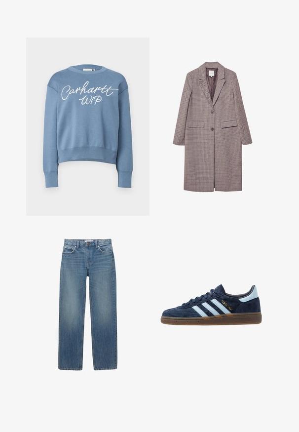 Smešani kaput u smeđim i bež kariranim uzorcima s rebrastim okovratnikom, dva prednja džepa i dva dugmeta, sa glatkom unutarnjom podlogom.; Plavi pleteni dukserica s okruglim izrezom, dugim rukavima i skraćenim rubom. Sadrži bijeli ispis logotipa "Carhartt WIP" na prednjoj strani.; Svijetloplave traperice ravnog kroja, s pet džepova i hardverom u boji bakra. Tkanina ima blago izblijedjelu boju i glatku teksturu.; Tamno plave nubuk Adidas tenisice s svijetloplavim trakama, gumeni potplat, svijetloplava petna obloga i zlatni "Spezial" brendirani natpis sa strane.