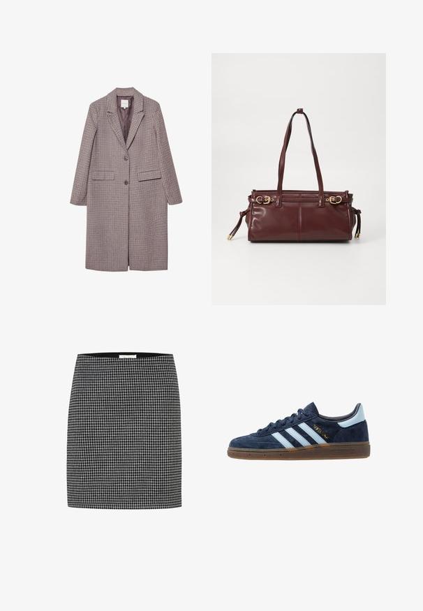 Hnedo-bežový kabát s kostkovaným vzorom, s klope a dvoma prednými vreckami, má dva gombíky a hladkú podšívku.; Biele tričko s dlhým rukávom vyrobené z rebrovanej tkaniny, s okrúhlym výstrihom a gombíkovou légiou so šiestimi priehľadnými gombíkmi.; Čierno-biela sukňa s kostkovaným vzorom, so priliehavým strihom, hladkou textúrou a pásom. Žiadne viditeľné kovania ani vzory okrem kostkovaného dizajnu.; Námornícky modré semišové tenisky Adidas s svetlomodrými pruhmi, gumenou podrážkou, svetlomodrou pätou a zlatým označením "Spezial" po boku.; Bordová kožená kabelka s dvoma ramennými popruhmi, zlatým kovovým hardvérom a zipsovým uzáverom. Má hladkú textúru a jemné detaily šitia.