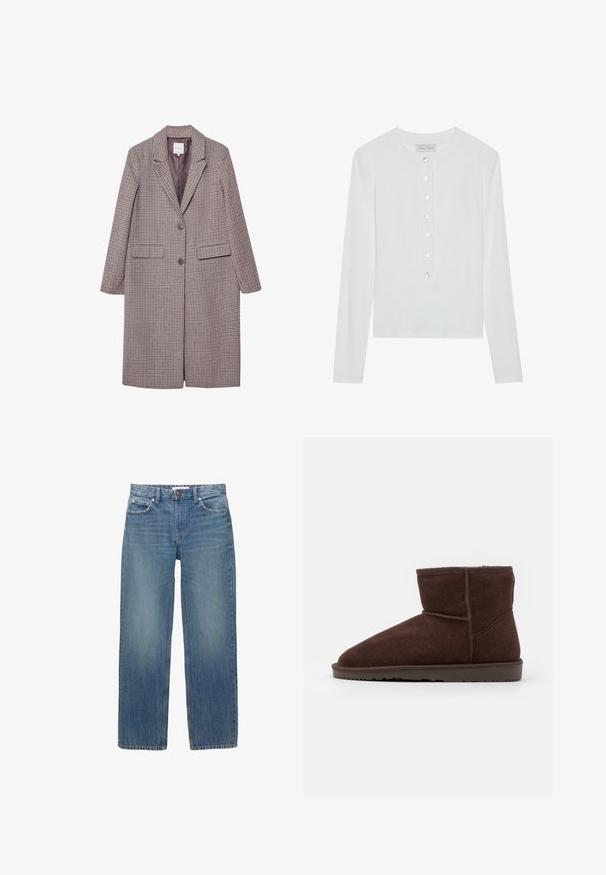 Brun och beige kockmönstrad kappa med en skarp krage, två framfickor och två knappar, med en slät inre foder.; Vit långärmad topp i ribbad tyg, med rund halsringning och en knappad front med sex klara knappar.; Ljusblå denimjeans med rak skärning, fem fickor och kopparfärgad hårdvara. Tyget har en lätt blekning och en slät textur.; Bruna mockaskor av ankellängd med rund tåsdesign och mjukt innerfoder, med en platt gummisula och ton-i-ton sömnadsdetaljer.