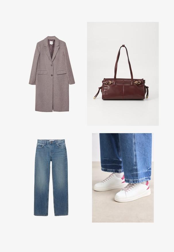 Brauner und beige karierter Mantel mit Reverskragen, zwei vorderen Taschen und zwei Knöpfen, ausgestattet mit einem glatten Innenfutter.; Weißes Langarmoberteil aus geripptem Stoff, mit einem runden Ausschnitt und einer Knopfleiste mit sechs transparenten Knöpfen.; Hellblaue Jeans aus Denim mit geradem Schnitt, fünf Taschen und Beschlägen in Kupferfarbe. Der Stoff hat eine leichte Ausbleichung und eine glatte Textur.; Weiße Leder-Sneaker mit pinken Akzenten, runder Zehenpartie und gemusterten Schnürsenkeln. Getragen mit lockeren blauen Jeans, die knöchelfrei geschnitten sind.; Burgunderfarbene Ledertasche mit zwei Schulterriemen, goldfarbenen Beschlägen und einem Reißverschluss. Verfügt über eine glatte Textur und subtile Nahtdetails.