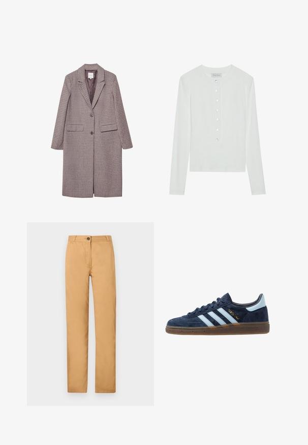 Hnedo-bežový kabát s kostkovaným vzorom, s klope a dvoma prednými vreckami, má dva gombíky a hladkú podšívku.; Biele tričko s dlhým rukávom vyrobené z rebrovanej tkaniny, s okrúhlym výstrihom a gombíkovou légiou so šiestimi priehľadnými gombíkmi.; Svetlohnedé nohavice z bavlny so strihom do rovna, zapínanie na gombík a bočné vrecká. Tkanina je hladká s matným povrchom.; Námornícky modré semišové tenisky Adidas s svetlomodrými pruhmi, gumenou podrážkou, svetlomodrou pätou a zlatým označením "Spezial" po boku.