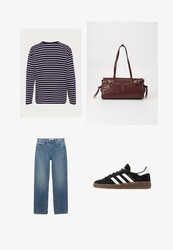 Cappotto a quadri marrone e beige con colletto a revers, due tasche frontali e due bottoni, dotato di una fodera interna liscia.; Maglietta a maniche lunghe di colore blu navy con righe orizzontali bianche, dotata di scollatura rotonda e realizzata in morbido cotone.; Jeans in denim azzurro chiaro con taglio dritto, cinque tasche e accessori in tonalità rame. Il tessuto presenta una leggera scoloritura e una texture liscia.; Sneaker Adidas nere con strisce bianche, testo "Spezial" dorato, suola in gomma e tab sul tallone bianco, mostrato in veduta laterale.; Borsa a tracolla in pelle bordeaux con due manici, hardware dorato e chiusura con zip. Presenta una texture liscia e dettagli di cucitura sottili.