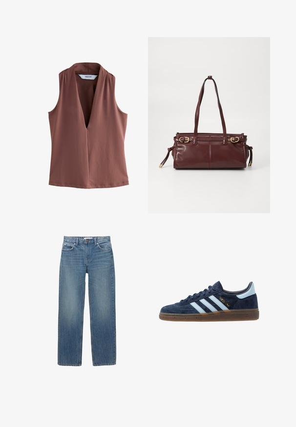 Ruskea ja beige ruudullinen takki, jossa on viistot kaulukset, kaksi etutaskua ja kaksi nappia, sekä sileä vuori.; Hihaton toppi terrakotta värissä, jossa on syvä V-pääntie ja pehmeä, sileä kangas, jossa on minimaalinen sauman yksityiskohtia.; Vaaleansiniset farkut suoran leikkauksen, viiden taskun ja kuparinväristen yksityiskohtien kanssa. Kankaassa on hieman haalistumista ja sileä pinta.; Adidaksen tummansininen mokkanahkakengät vaaleansinisin raidoitta, kumipohja, vaaleansininen kantatuki ja kultainen "Spezial" -merkintä sivussa.; Burgundin värinen nahkalaukku, jossa on kaksi olkahihnaa, kultasävyiset koristeet ja vetoketjusuljenta. Ominaisuuksiin kuuluu sileä pinta ja huomaamaton tikkaus.