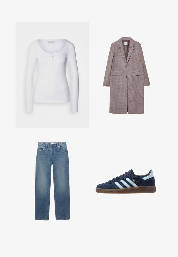 Hnědý a béžový kabát s kostkovaným vzorem, s klopovým límečkem, dvěma předními kapsami a dvěma knoflíky, má hladkou podšívku.; Bílý dlouhý rukáv top s kulatým výstřihem, s ribbovanou texturou a třemi stříbrnými knoflíky na předním zapínání.; Světle modré džínové kalhoty se střihiem do rovna, pěti kapsami a měděným kováním. Látka má mírné vyblednutí a hladkou texturu.; Námořnické modré semišové tenisky Adidas s světle modrými pruhy, gumovou podrážkou, světle modrým patním poutkem a zlatým nápisem "Spezial" na boku.