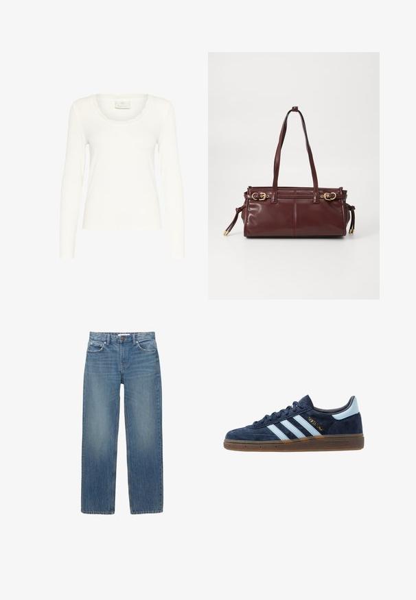 Smešani kaput u smeđim i bež kariranim uzorcima s rebrastim okovratnikom, dva prednja džepa i dva dugmeta, sa glatkom unutarnjom podlogom.; Bijela majica s dugim rukavima od rebraste tkanine, s ovratnikom s valovima i prilagođenim krojem. Oznaka glasi "KAFFE." Glatka tekstura.; Svijetloplave traperice ravnog kroja, s pet džepova i hardverom u boji bakra. Tkanina ima blago izblijedjelu boju i glatku teksturu.; Tamno plave nubuk Adidas tenisice s svijetloplavim trakama, gumeni potplat, svijetloplava petna obloga i zlatni "Spezial" brendirani natpis sa strane.; Burgundska kožna torba s dva remena za rame, zlatnim hardverom i zatvaranjem na patentni zatvarač. Ima glatku teksturu i suptilne detalje šivanja.