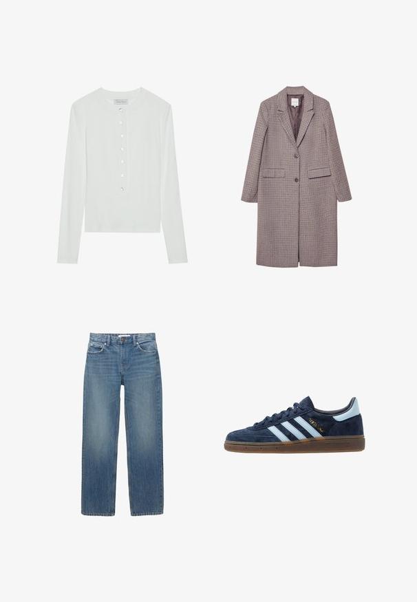 Brauner und beige karierter Mantel mit Reverskragen, zwei vorderen Taschen und zwei Knöpfen, ausgestattet mit einem glatten Innenfutter.; Weißes Langarmoberteil aus geripptem Stoff, mit einem runden Ausschnitt und einer Knopfleiste mit sechs transparenten Knöpfen.; Hellblaue Jeans aus Denim mit geradem Schnitt, fünf Taschen und Beschlägen in Kupferfarbe. Der Stoff hat eine leichte Ausbleichung und eine glatte Textur.; Marineblaue Wildleder Adidas Sneaker mit hellblauen Streifen, Gummisohle, hellblauer Fersenkappe und goldener "Spezial"-Markierung an der Seite.