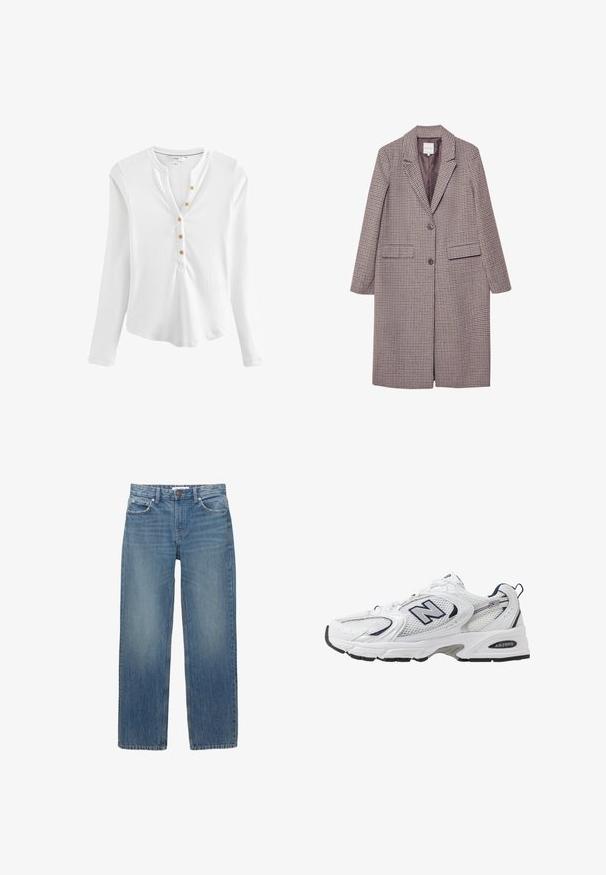 Hnědý a béžový kabát s kostkovaným vzorem, s klopovým límečkem, dvěma předními kapsami a dvěma knoflíky, má hladkou podšívku.; Bílá dlouhá rukávová henley košile vyrobená z vroubkované látky, s vykrojeným límcem, pěti zlatými knoflíky vpředu a zakřiveným lemováním.; Světle modré džínové kalhoty se střihiem do rovna, pěti kapsami a měděným kováním. Látka má mírné vyblednutí a hladkou texturu.; Bílé sportovní boty s textilním svrškem, námořnickými akcenty a polstrovanou podrážkou. Obsahují logo "N", tkaničky a texturovaný detail na boku.