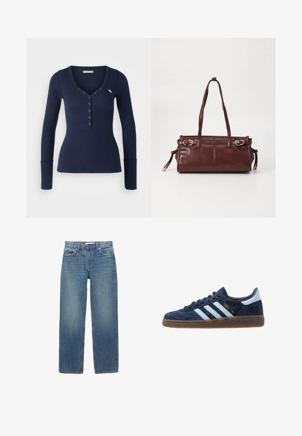 Ruskea ja beige ruudullinen takki, jossa on viistot kaulukset, kaksi etutaskua ja kaksi nappia, sekä sileä vuori.; Abercrombie & Fitch ICON HENLEY - Pitkähihainen paita - navy; Vaaleansiniset farkut suoran leikkauksen, viiden taskun ja kuparinväristen yksityiskohtien kanssa. Kankaassa on hieman haalistumista ja sileä pinta.; Adidaksen tummansininen mokkanahkakengät vaaleansinisin raidoitta, kumipohja, vaaleansininen kantatuki ja kultainen "Spezial" -merkintä sivussa.; Burgundin värinen nahkalaukku, jossa on kaksi olkahihnaa, kultasävyiset koristeet ja vetoketjusuljenta. Ominaisuuksiin kuuluu sileä pinta ja huomaamaton tikkaus.