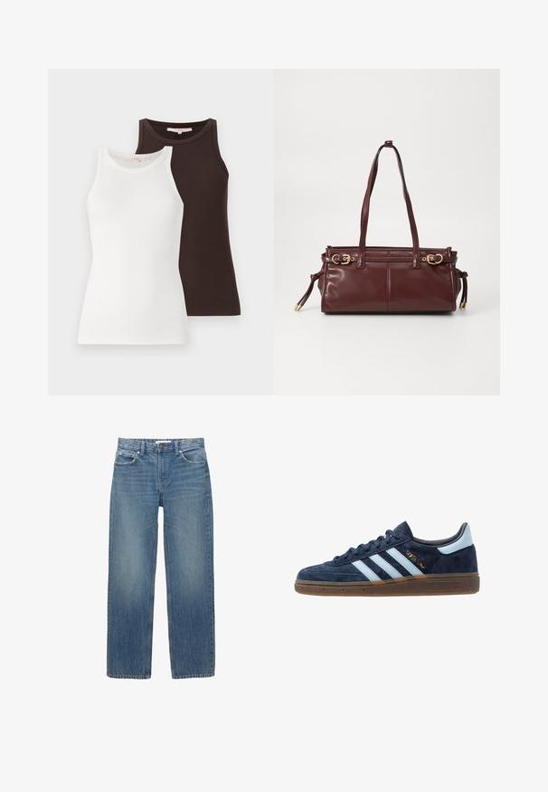 Brauner und beige karierter Mantel mit Reverskragen, zwei vorderen Taschen und zwei Knöpfen, ausgestattet mit einem glatten Innenfutter.; Zwei gerippte Tank-Tops, eines weiß und das andere dunkelbraun, mit ärmellosem Design und gerundetem Halsausschnitt, nebeneinander gestapelt.; Hellblaue Jeans aus Denim mit geradem Schnitt, fünf Taschen und Beschlägen in Kupferfarbe. Der Stoff hat eine leichte Ausbleichung und eine glatte Textur.; Marineblaue Wildleder Adidas Sneaker mit hellblauen Streifen, Gummisohle, hellblauer Fersenkappe und goldener "Spezial"-Markierung an der Seite.; Burgunderfarbene Ledertasche mit zwei Schulterriemen, goldfarbenen Beschlägen und einem Reißverschluss. Verfügt über eine glatte Textur und subtile Nahtdetails.