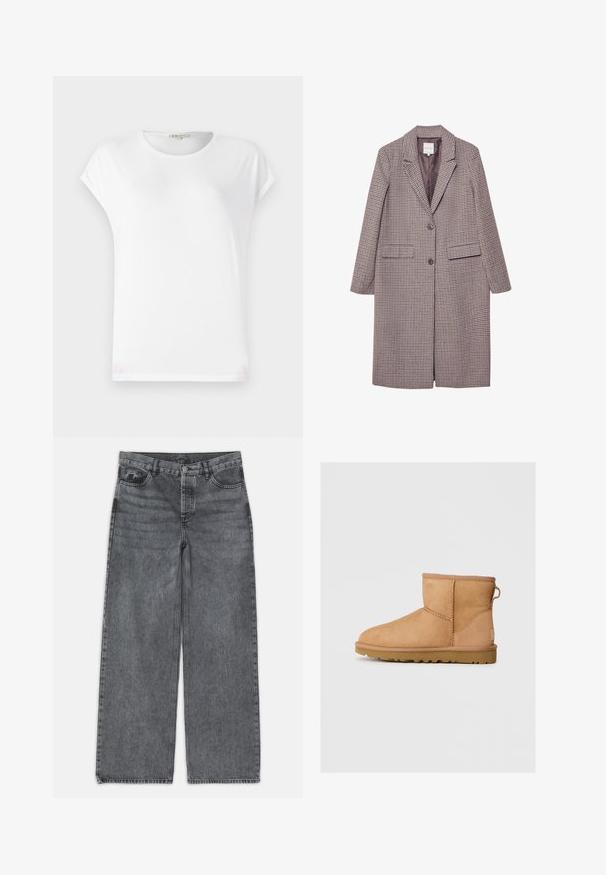 Brown and beige check-patterned coat with a notched collar, two front pockets, and two buttons, featuring a smooth inner lining.; White short-sleeve t-shirt with a rounded neckline, soft texture, and a simple design. Clean lines with a relaxed fit.; Wide-leg jeans in dark gray denim. Features a high waist, five-pocket design, and front button closure. Smooth texture with subtle fading.; Tan suede ankle boot with round toe, stitched detailing, pull tab on back, and a textured rubber sole. Designed for comfort and warmth.