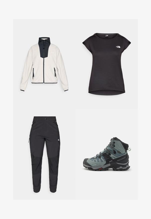 Jachetă de fleece bej deschis cu panouri negre, fermoar frontal complet, guler înalt, buzunare laterale cu fermoar și logo-ul Columbia pe piept.; The North Face TANKEN TANK  - Bluză sport - black; Pantaloni de exterior negri, dintr-un material rezistent. Prezintă buzunare cu fermoar, panouri întărite pentru genunchi și un design drept pentru mobilitate.; Bocanc de drumeție înalt, de culoare gri-albastru, cu un superior din suede și plasă, având accente negre, șireturi legate și o talpă robustă pentru tracțiune.