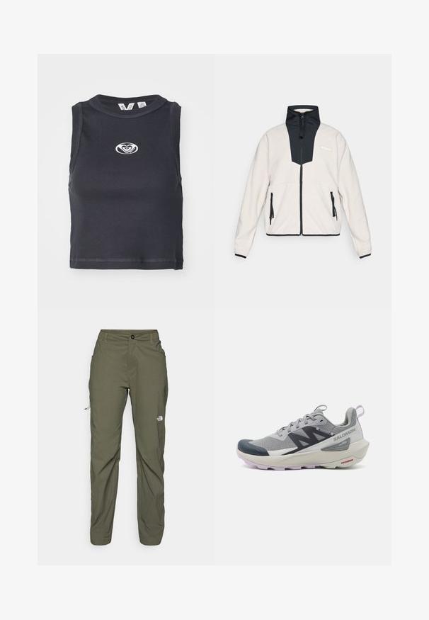 Hellbeige Fleecejacke mit schwarzen Einsätzen, durchgehender Frontreißverschluss, hohem Kragen, mit Reißverschluss versehenen Seitentaschen und Columbia-Logo auf der Brust.; Schwarzes geripptes Crop-Top mit rundem Ausschnitt und ärmellosem Design. Mit einem weißen Logo, das auf der Brust zentriert ist. Glatte Textur.; The North Face EXPLORATION PANTS - Outdoor-Hose - new taupe green; Der Salomon-Laufschuh in Grau und Marineblau verfügt über eine atmungsaktive Mesh-Oberfläche, eine Gummizone an der Zehe und eine strukturierte Sohle mit Lavendelakzenten.