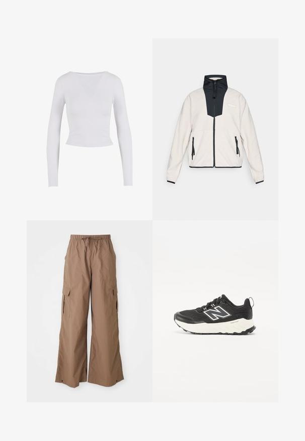 Svetlo bež flis jakna s črnimi paneli, poln zadrgo spredaj, visokim ovratnikom, z žepi z zadrgo na straneh in Columbia logotipom na prsih.; Bela dolgi rokav krojeni top z okroglo izreznico, narejen iz gladkega, elastičnega materiala, s prilegajočim dizajnom in brez vidnih zapenjanj.; Rjave široke cargo hlače z ohlapnim krojem, z vrvico v pasu in stranskimi žepi s preklopom, širok kroj, prikazane na belem ozadju.; Črne športne čevlje z zgornjim delom iz teksturirane tkanine, kontrastno belo srednje podplat in izrazitim sivim logotipom ob strani. Gumijast podplat z oprijemom.