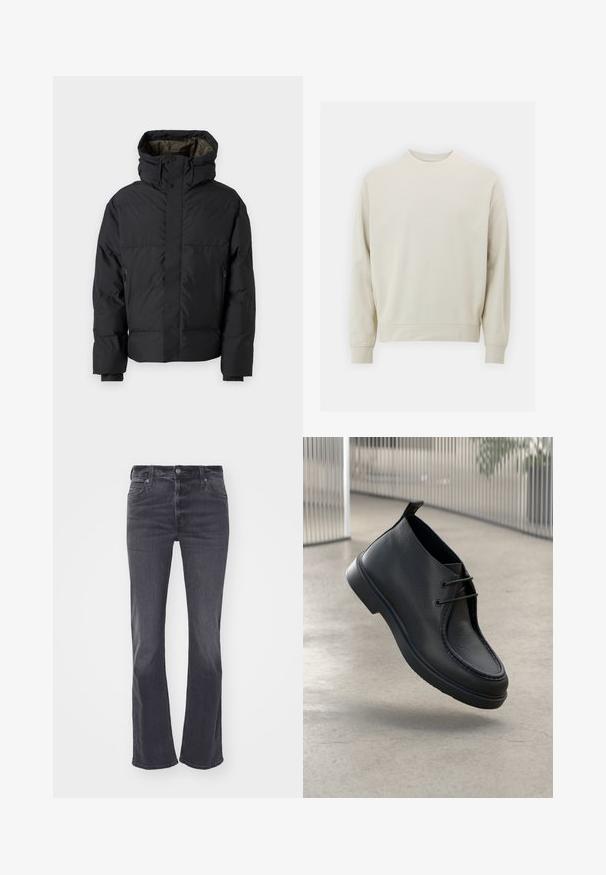 Doudoune noire avec un col haut, des doubles zips, des poches latérales et une capuche. Caractéristiques d'un extérieur lisse et d'un intérieur doublé.; Sweatshirt beige clair en tissu doux avec un col rond, des manches longues et des poignets et un ourlet côtelés. Design minimaliste, sans motifs visibles.; Jean flare gris foncé en denim, avec un design classique à cinq poches, des passants de ceinture et une fermeture zippée dissimulée avec un bouton.; Chaussure en cuir noir avec une texture lisse, bout arrondi et design à lacets ; présente une semelle de profil bas et une languette à l'arrière.