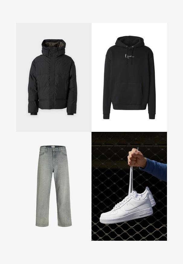 Must mustan jope kõrge kaelusega, kahe tõmblukuga, küljetaskutega ja kapuutsiga. Omab siledat välispinda ja vooderdatud sisepinda.; Must kapuutsiga pusa, valmistatud pehmest kangast, esiosal tasku ja valge logo rinnal. Kinniseks sobivuseks soonikkoes varrukasääred ja ääris.; Heledad hallhallid, laia lõikega denimist teksased. Omavad klassikalist viie tasku disaini, vööloopse ja sirget säärelõiget.; Valged nahast tennisetossud, millel on perforatsioonid, ümar nina, lame tallus ja paksud nöörid, nähtava swooshi logoga ja "AIR" kontsadel.