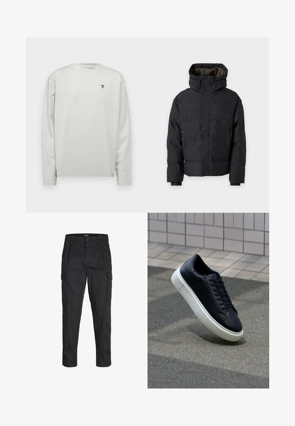 Černá péřová bunda s vysokým límcem, dvojitými zipy, bočními kapsami a kapucí. Má hladký povrch a podšívku.; Světle šedá košile s dlouhým rukávem a kulatým výstřihem, vyrobená z texturované látky a s malým námořnickým logem na levé hrudi.; Černé cargo kalhoty vyrobené z odolné tkaniny, s mnoha kapsami, knoflíkovým zapínáním a slim fit střihem se zúženými nohavicemi.; Černé kožené tenisky s kulatou špičkou a bílou gumovou podrážkou. mají ploché tkaničky a minimální šití na svršku. Texturovaná podrážka pro lepší přilnavost.