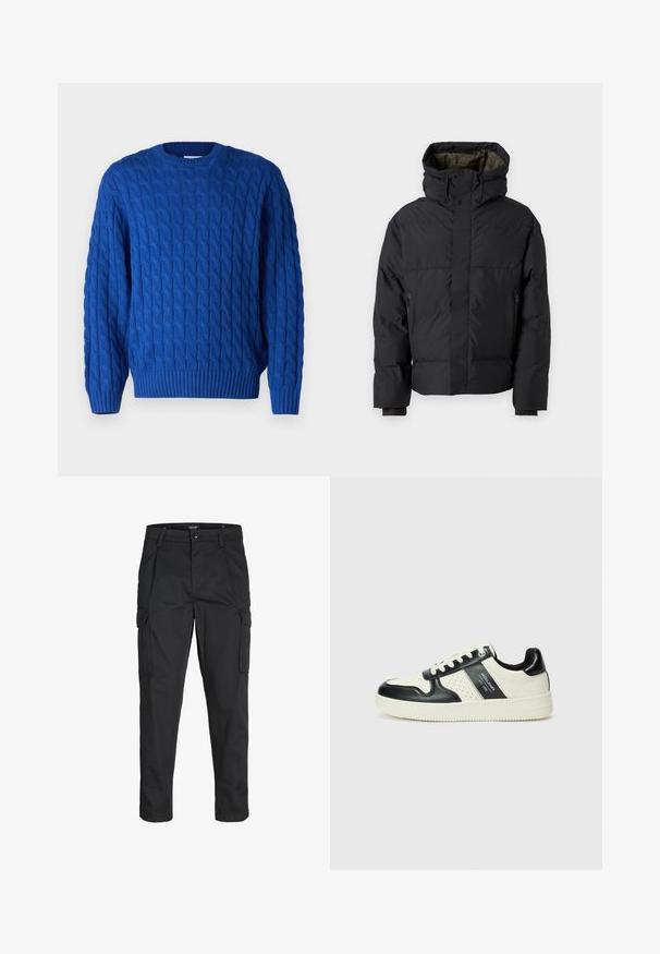 Giubbotto piumino nero con collo alto, doppia zip, tasche laterali e cappuccio. Caratterizzato da un esterno liscio e un interno foderato.; Maglione azzurro a trecce con scollatura rotonda, polsini e orlo a costine, e un motivo texturizzato su tutto il tessuto.; Pantaloni cargo neri realizzati in un tessuto resistente, dotati di molteplici tasche, chiusura con bottone e un design aderente con gambe affusolate.; Sneakers in pelle con una combinazione di colori nero e crema, dotati di dettagli perforati, collare imbottito e suola testurizzata.