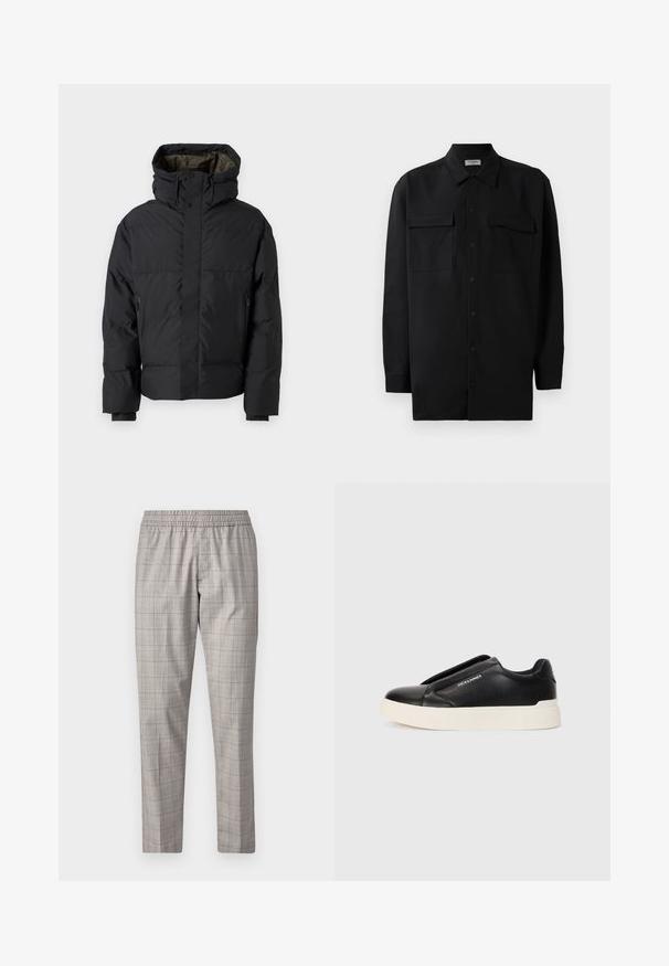 Doudoune noire avec un col haut, des doubles zips, des poches latérales et une capuche. Caractéristiques d'un extérieur lisse et d'un intérieur doublé.; Chemise noire à manches longues en tissu lisse, dotée d'un col classique, de deux poches devant et de poignets à boutons.; Jack & Jones PREMIUM STKANE EDWIN - Pantalon classique - otter; Baskets noires à enfiler avec un dessus en cuir texturé, semelle en caoutchouc blanche et sans lacets visibles. Présente le logo de la marque sur le côté.