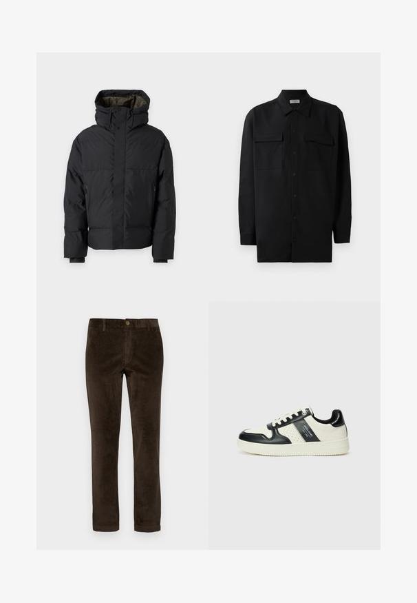 Zwarte pufferjack met hoge kraag, dubbele ritsen, zijzakken en een capuchon. Heeft een gladde buitenkant en een gevoerde binnenkant.; Zwarte button-up shirt gemaakt van gladde stof, met een klassieke kraag, twee voorzakken en lange mouwen met knopenmanchetten.; Bruine corduroy broek met een rechte pasvorm, zichtbare ribbeltextuur, knoopsluiting en opgerolde manchetten. Standaardzakken aan de voorkant.; Leren sneakers met een zwart en crèmekleurig kleurenschema, voorzien van geperforeerde accenten, een gevoerde kraag en een gestructureerde buitenzool.