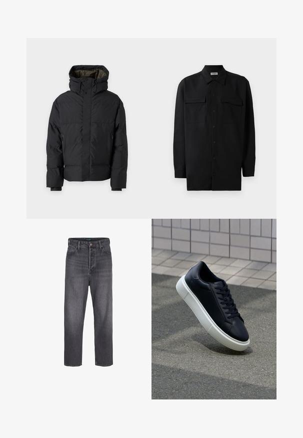 Jachetă puffer neagră, cu gât înalt, două fermoare, buzunare laterale și glugă. Are un exterior neted și un interior căptușit.; Cămașă neagră cu nasturi, confecționată dintr-un material neted, având un guler clasic, două buzunare frontale și mâneci lungi cu manșete cu nasturi.; Jeans din denim gri închis, cu un design dreapt, talie înaltă, styling cu cinci buzunare și ușor decolorate. Închidere cu buton metalic și fermoar.; Tenis cu piele neagră, cu vârful rotund și talpă din cauciuc alb. Are șireturi plate și cusături minime pe suprafață. Tălpile texturate oferă aderență.