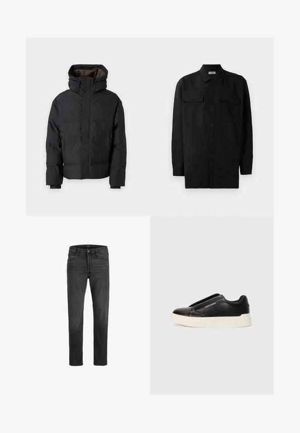 Black puffer jacket with a high neck, dual zippers, side pockets, and a hood. Features a smooth exterior and lined interior.; Black button-up shirt made of smooth fabric, featuring a classic collar, two front pockets, and long sleeves with button cuffs.; Black denim jeans with a straight fit, five-pocket design, and zip fly. Features subtle fading and contrast stitching.; Black slip-on sneaker with textured leather upper, white rubber sole, and no visible laces. Features brand logo on the side.