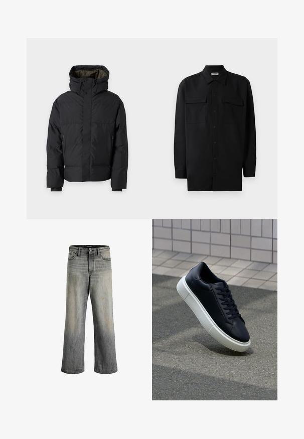 Melna pūdera jaka ar augstu apkakli, dubultām rāvējslēdzēm, sānu kabatām un cepuri. Raksturo gluda ārsiena un oderēta iekšpuse.; Melnā pogu krekla, kas izgatavota no gludas auduma, ar klasisku apkakli, divām priekšējām kabatām un garām piedurknēm ar pogu aprocēm.; Plaša kāju džinsi izbalinātā pelēkā denima ar nelielu ombre efektu. Citas priekšrocības ietver priekšējās kabatas un redzamas šuvju detaļas. Klusas nolietošanās pazīmes.; Melnas ādas kedas ar noapaļotu pirkstu un baltu gumijas zoli. Iespējas - plakanas šņorītes un minimāla apdare augšdaļā. Struktūrēta zole, lai nodrošinātu saķeri.