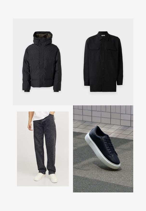 Black puffer jacket with a high neck, dual zippers, side pockets, and a hood. Features a smooth exterior and lined interior.; Black button-up shirt made of smooth fabric, featuring a classic collar, two front pockets, and long sleeves with button cuffs.; Jack & Jones JJIEDDIE JJORIGINAL - Baggy Jeans - black denim; Black leather sneaker with rounded toe and white rubber sole. Features flat laces and minimal stitching on the upper. Textured sole for grip.