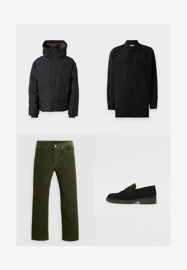 Juodas pūkinis švarkas su aukštu kaklu, dviem užtrauktukais, šoninėmis kišenėmis ir kapuche. Yra lygus išorinis paviršius ir pamušalas viduje.; Juodas marškinis su mygtukais, pagamintas iš lygaus audinio, turi klasikinius apykaklės, du priekiniai kišeniai ir ilgus rankovės su mygtukais.; Gluostai žalia veliūrinė tiesaus kirpimo kelnė su priekiu esančiu mygtuku, užtrauktuku, diržo kilputėmis ir penkių kišenių dizainu ant balto fono.; Juodos suedes loafers su žemu kulnu, su paprasta juosta viršuje ir tekstūruota apdaila šonuose.