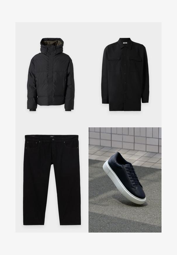 Giubbotto piumino nero con collo alto, doppia zip, tasche laterali e cappuccio. Caratterizzato da un esterno liscio e un interno foderato.; Camicia nera con bottoni realizzata in tessuto morbido, dotata di colletto classico, due tasche frontali e maniche lunghe con polsini a bottone.; Jeans in denim nero con un design a gamba dritta, caratterizzati da uno stile classico a cinque tasche e hardware metallico a contrasto.; Sneaker in pelle nera con punta arrotondata e suola in gomma bianca. Presenta lacci piatti e cuciture minime sulla parte superiore. Suola testurizzata per una migliore aderenza.