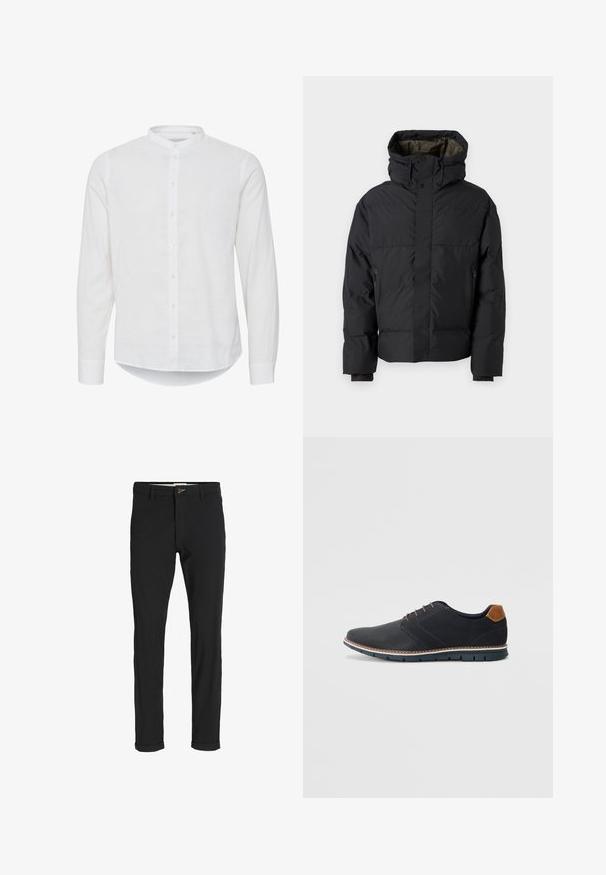 Schwarze Pufferjacke mit hohem Kragen, doppelten Reißverschlüssen, seitlichen Taschen und Kapuze. Merkmale sind ein glatter Außenstoff und ein gefüttertes Innenfutter.; Weißes Langarmhemd mit Stehkragen, Knopfleiste und leicht geschwungener Saum. Hergestellt aus leichtem Leinenstoff.; Schwarze Baumwollmischungshose mit schmalem Schnitt, gekennzeichnet durch einen Knopfverschluss, Taschen und umgeschlagenen Säumen für einen lässigen Abschluss.; Schwarze synthetische Schuhe mit einer strukturierten Oberseite, glatten Akzenten, braunem Absatz und einer kontrastierenden Sohle. Verfügt über minimale Schnürung und Nähdetails.