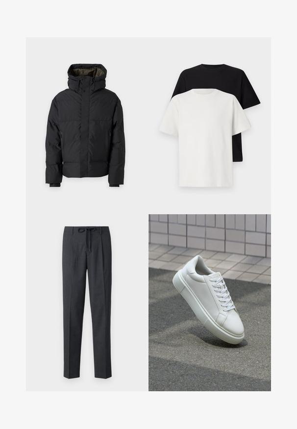 Black puffer jacket with a high neck, dual zippers, side pockets, and a hood. Features a smooth exterior and lined interior.; Cotton t-shirt set featuring a black top and a white top, both with short sleeves, round neckline, and standard fit. Textured fabric.; Tailored dark gray pants with a textured pattern, straight fit, and adjustable tie waistband. Smooth fabric with neatly finished seams.; White leather sneaker with a smooth surface, round toe, and flat white laces. Features a textured rubber sole and minimal design elements.