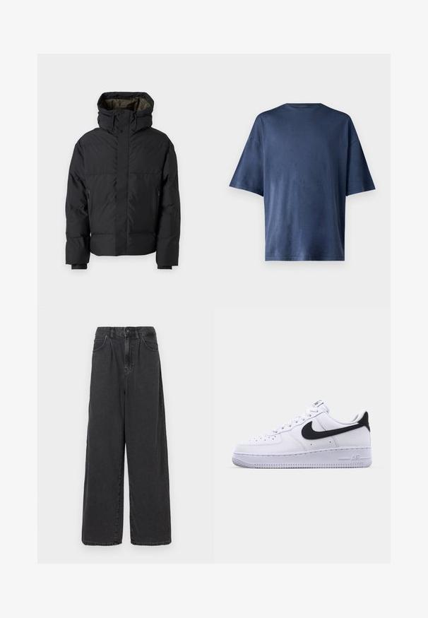 Černá péřová bunda s vysokým límcem, dvojitými zipy, bočními kapsami a kapucí. Má hladký povrch a podšívku.; Tmavě modré tričko s krátkým rukávem, vyrobené z měkké tkaniny, má klasický kulatý výstřih a volný střih, bez viditelných vzorů nebo akcentů.; Široké, vysoké černé džíny s knoflíkovým a zipovým zapínáním vpředu, se bočními kapsami a hladkou texturou.; Bílé kožené tenisky s texturovaným černým Swooshem, plochými tkaničkami a gumovou podrážkou s drážkovaným vzorem. Na patě je embosováno "AIR".