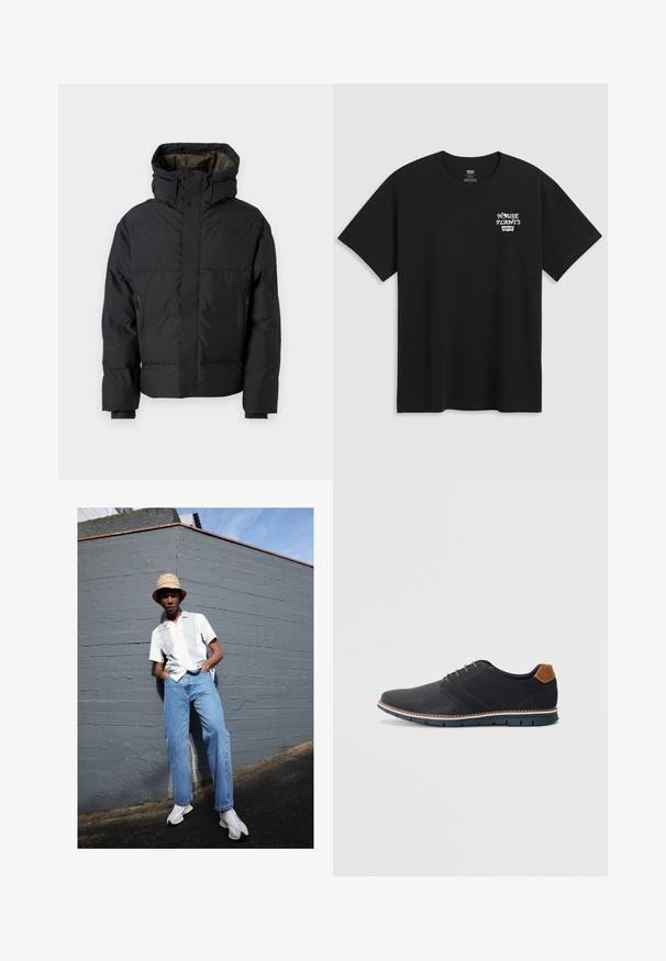 Melna pūdera jaka ar augstu apkakli, dubultām rāvējslēdzēm, sānu kabatām un cepuri. Raksturo gluda ārsiena un oderēta iekšpuse.; Melna kokvilnas T-kreklu ar krūtīm drukātu uzrakstu "HOUSE PLANTS" baltā stilizētā fontā ar "Levi's" zemāk. Klasisks apaļais kakls.; Kreizs apakšējo pelēko svītru balto krekli ar īsām piedurknēm, zilu džinsu bikses un baltu sporta apavu fons ir pelēka siena zem skaidras zilās debess.; Melni sintētiskie apavi ar struktūru augšdaļā, gludu akcentu, brūnu papēdi un kontrastējošu zoli. Iezīmē minimālu šņorēšanu un šuvju detaļas.