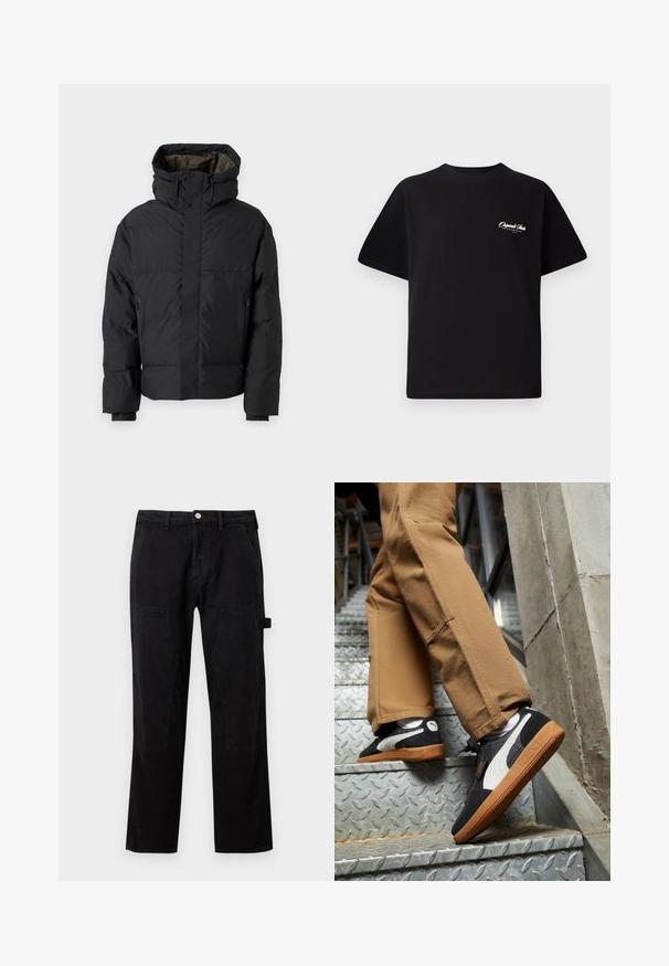 Black puffer jacket with a high neck, dual zippers, side pockets, and a hood. Features a smooth exterior and lined interior.; Black cotton t-shirt featuring a crew neckline, short sleeves, and small white logo text on the left chest. Simple design, classic fit.; Black cotton pants with a straight leg, featuring knee patch details, a button closure, and side pockets. Smooth texture, minimal design.; Black and gray suede sneakers with white accents and gum rubber soles, worn on tan pants while ascending metal stairs.