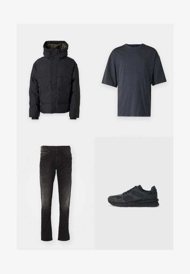 Svart puffjakke med høy krage, doble glidelåser, sidelommer og hette. Har en jevn overflate og foret innside.; Mørk grå kortermet t-skjorte laget av lett bomull, med løs passform og klassisk rund hals, med ensartet tekstur og uten mønstre.; Sorte denimjeans med en falmet vask, fem lommer, rette ben og en klassisk knapp- og glidelåsåpning.; Replay ARTHUR ATOM - Joggesko - black